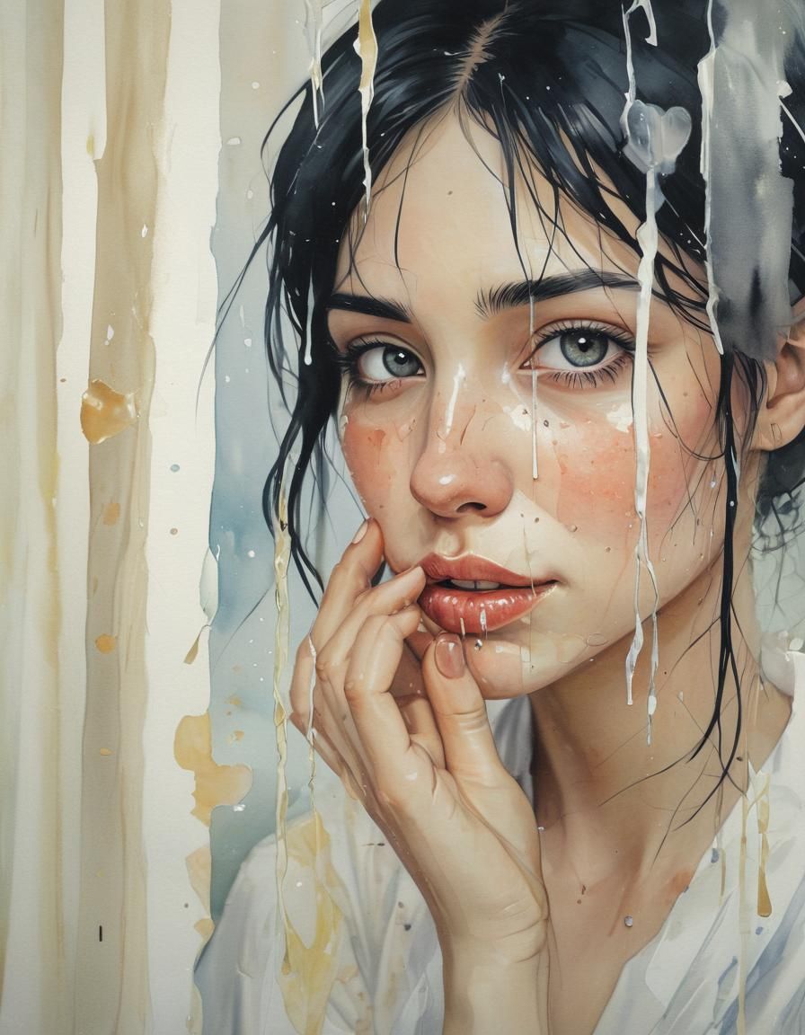 Sad black haired woman with tears rolling down her face,  tr...