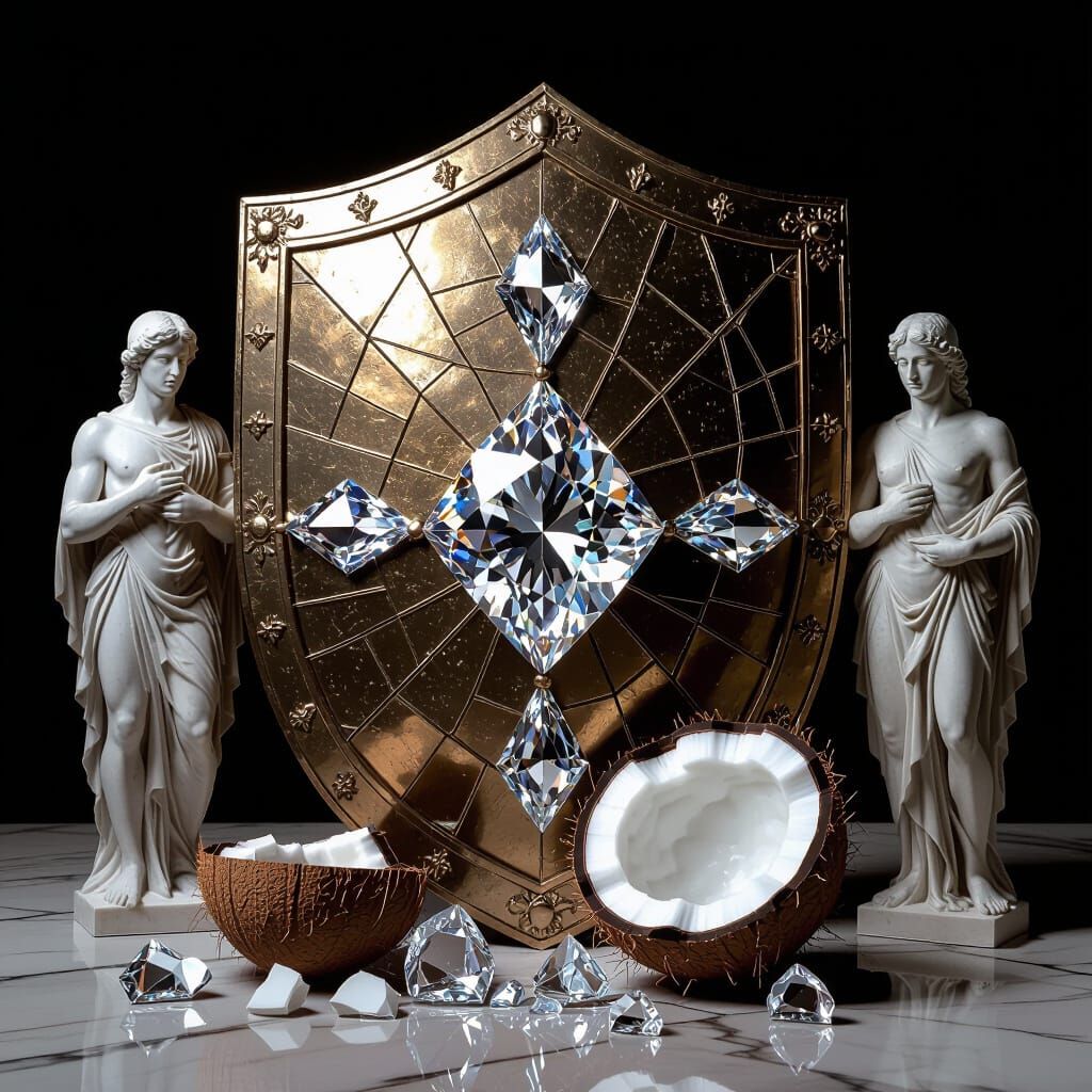 Hyperrealistic Shield with Diamond, Coconut, and Statues