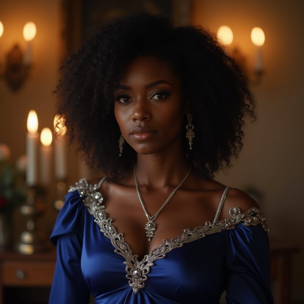 Elegant Woman in Sapphire Gown, Photorealistic Style