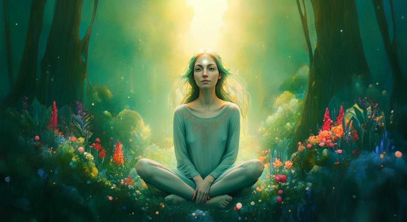Serene Woman in Forest: Fantastical Realism Art