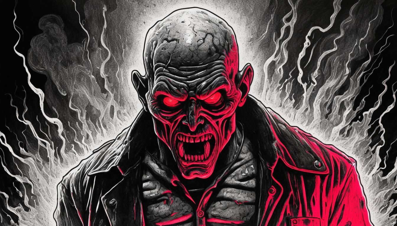 Emotionless stone cold, retro-film noir mixed media horror movie poster; ink drawing putrid stainless demonic-man. Under...