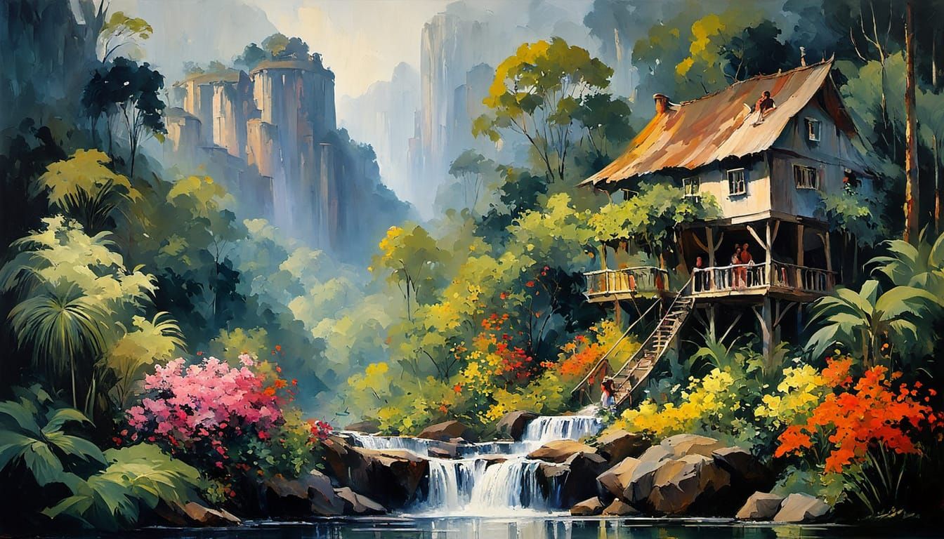 Tarzan's Jungle Oasis in Vibrant Expressionist Oil