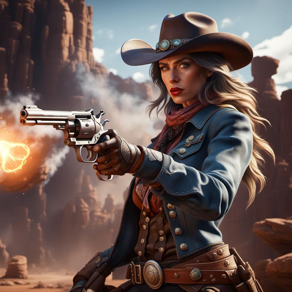 Cowgirl with Smoking Gun in Detailed Digital Art