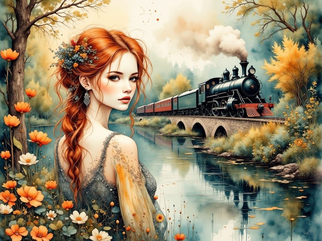 Elegant Woman by Serene River in Dreamlike Landscape