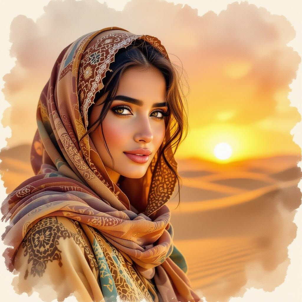 Beautiful Bedouin Woman in Desert Sandstorm, Watercolor Styl...