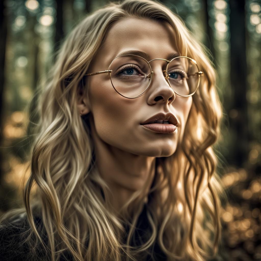 Realistic Blonde Woman with Glasses in Forest