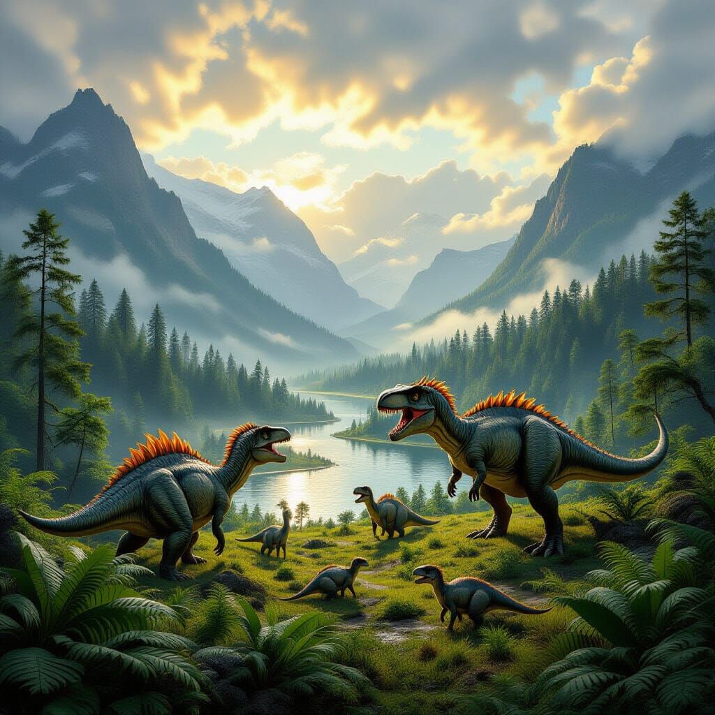 Jurassic Valley with Dinosaurs in Fantasy Style