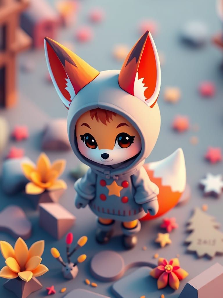 Cute Low-Poly Fox Character in Isometric Style