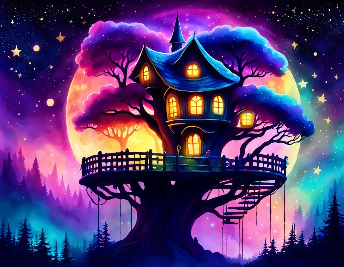 Glowing Faerie Treehouse in Surreal Watercolor Vignette