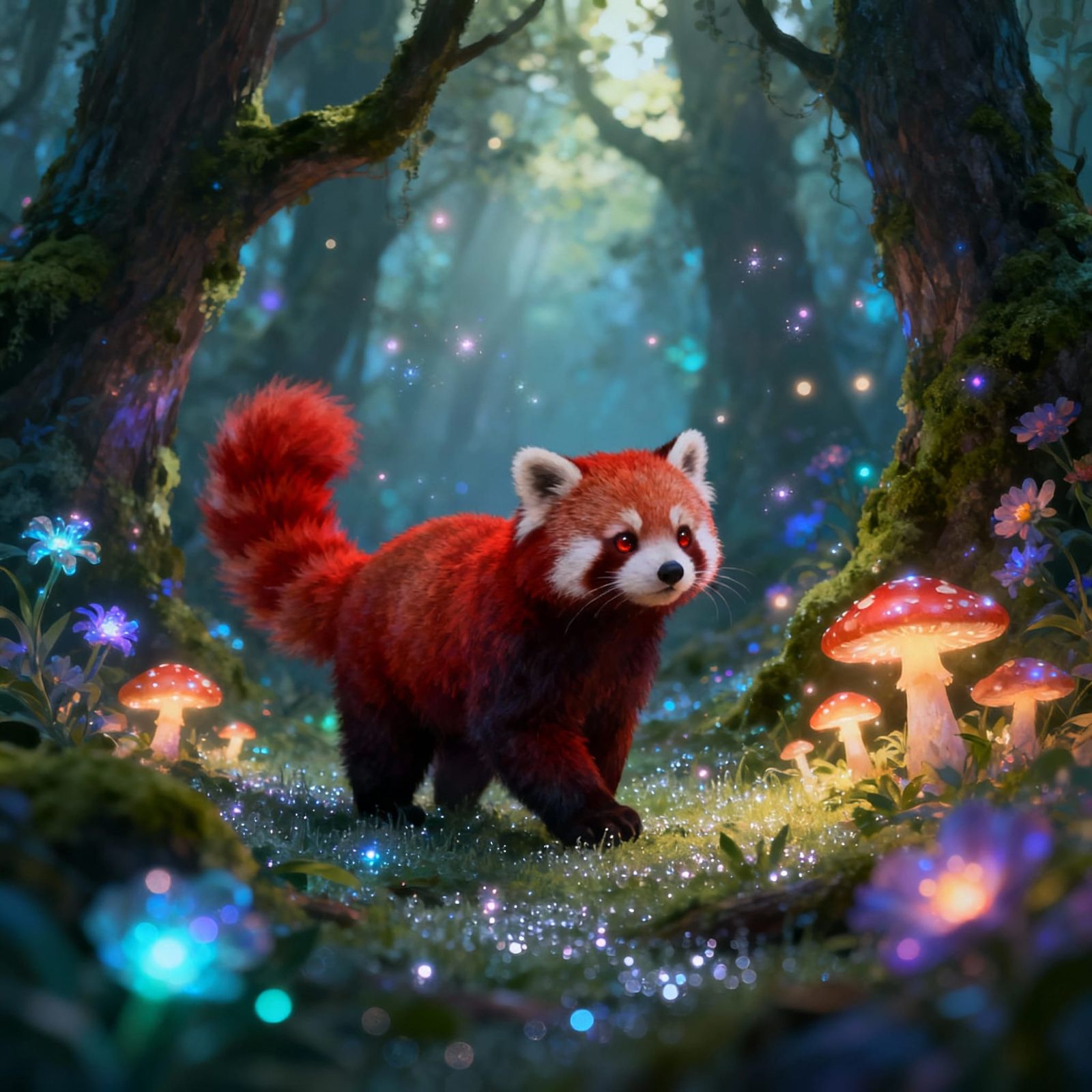 Cute Red Panda in a Mystical Magic Forest