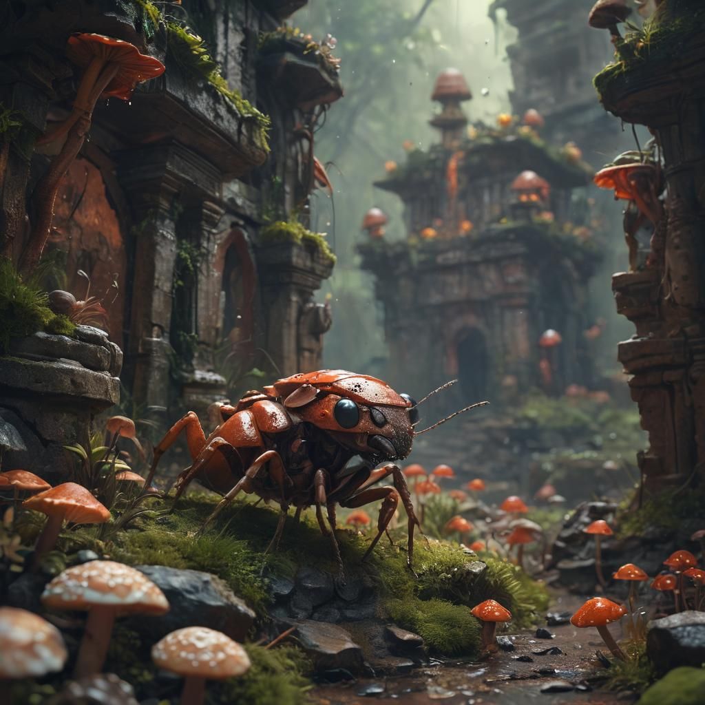 Armored Ant in Ruined City with Neon Mushrooms