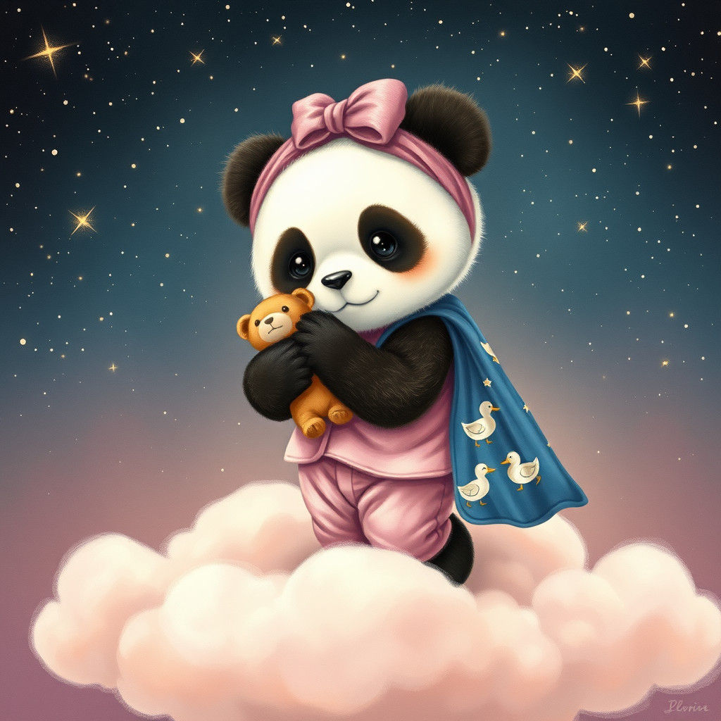 Panda in Pink Pajamas on a Cloud, Fantasy Art