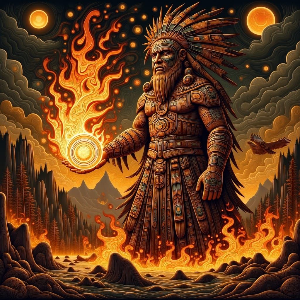 Sorcerer Conjuring Fire in Volcanic Wasteland