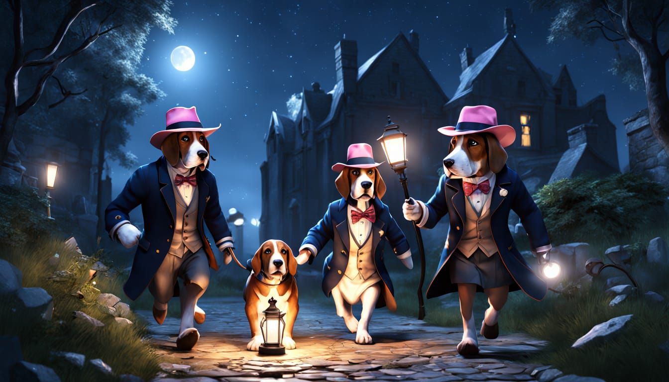 Anthropomorphic Hounds on Night Detective Adventure