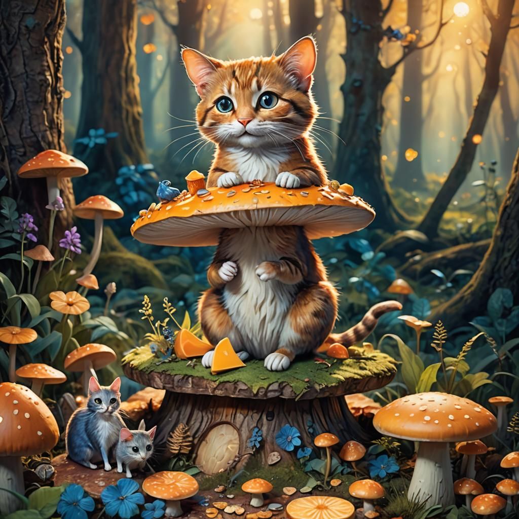 Cat and Mouse Share Cheese in Enchanted Forest