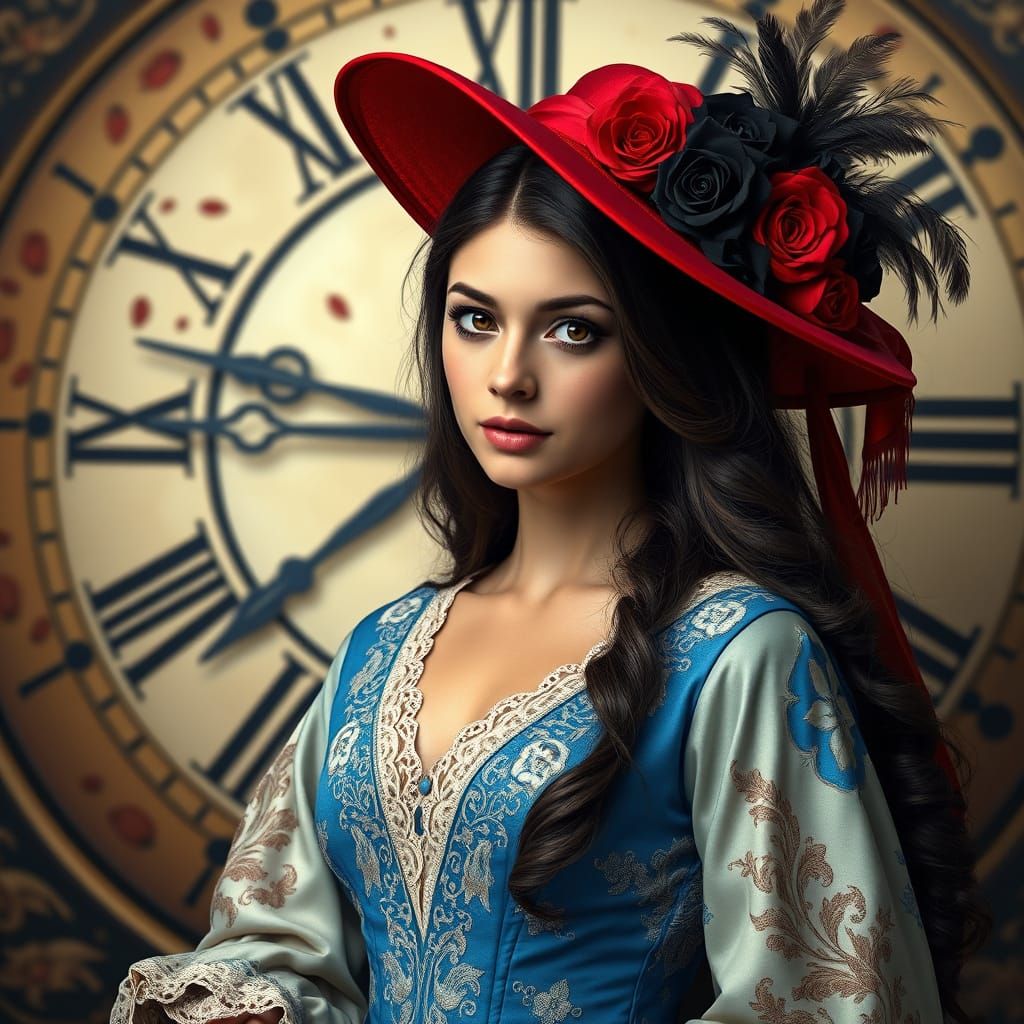 Young Woman in Vibrant Blue Rocco Gown with Grand Red Hat