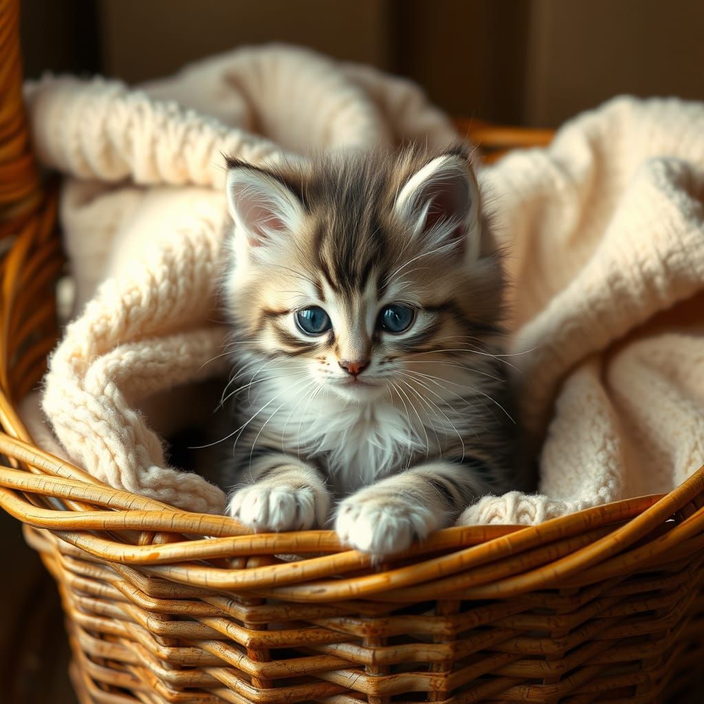 Whimsical Dutch Masterpiece of a Kitten in a Basket
