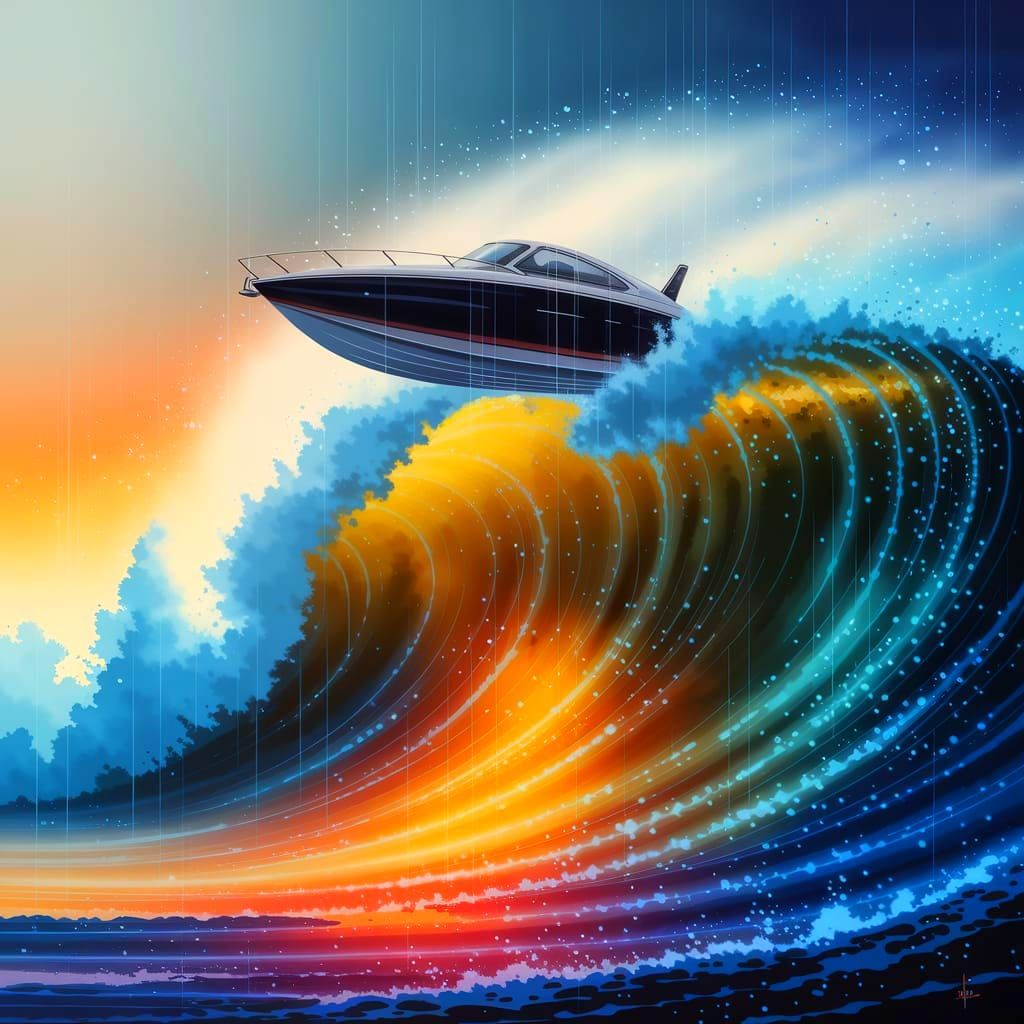 Sleek Speedboat Leaps from Turbulent Waters in Vibrant Retro...