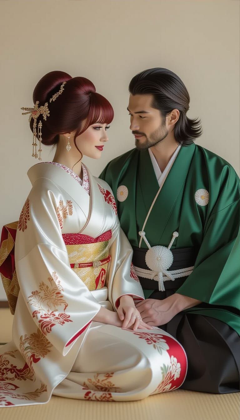 Elegant Couple in Kimonos with Golden Light