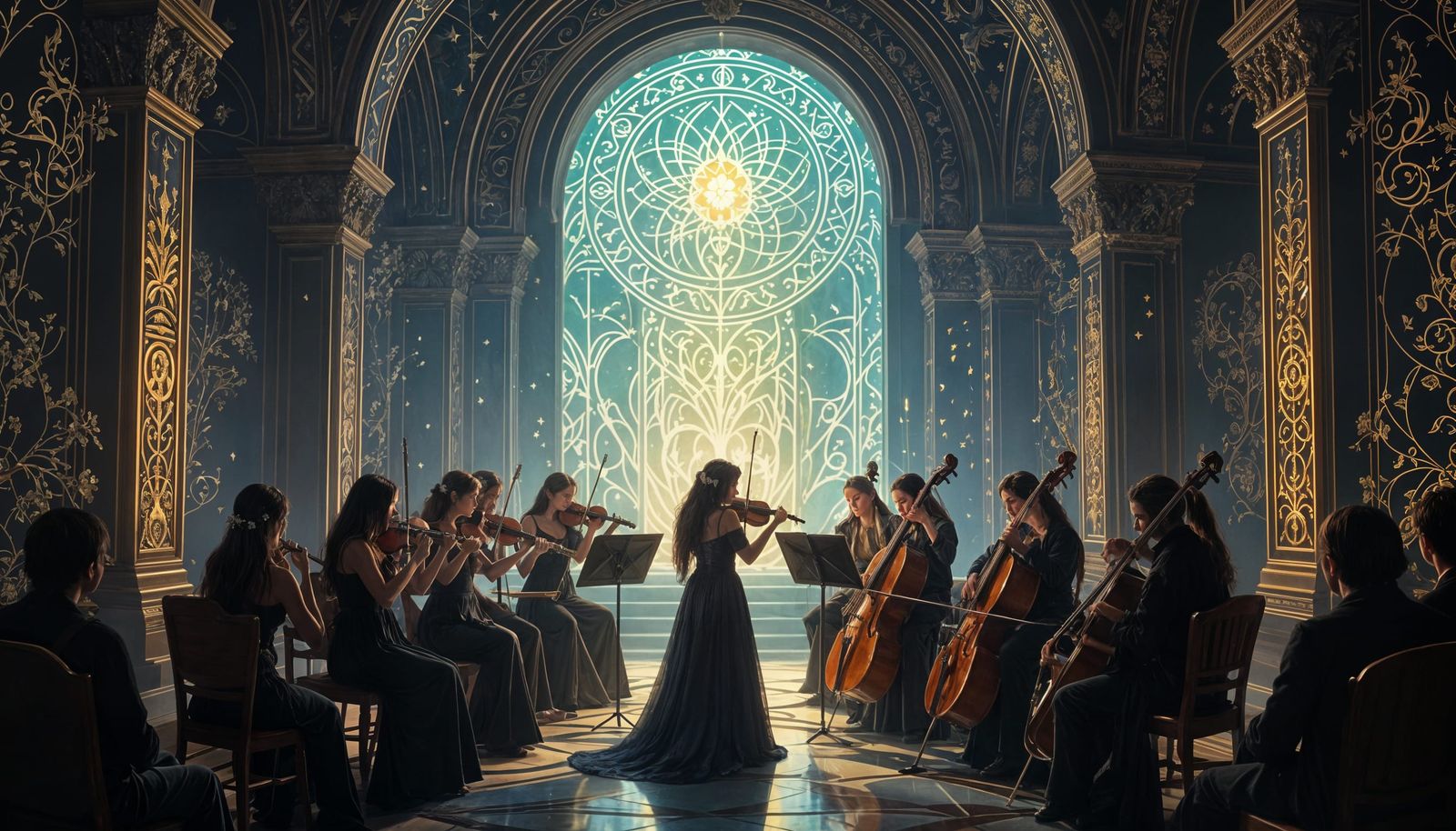 Ethereal Musicians Perform in Magical Hallway