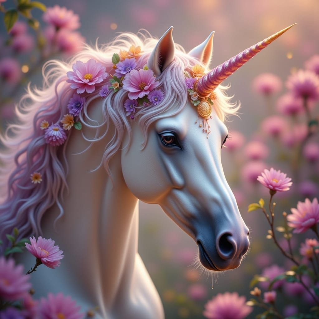 Pearlescent Unicorn Horn Adorned with Flowers