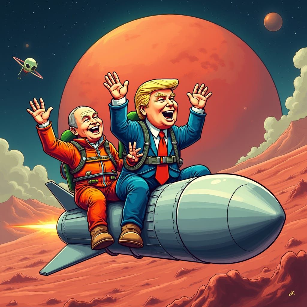 Cartoon Space Ride to Mars in Whimsical Style