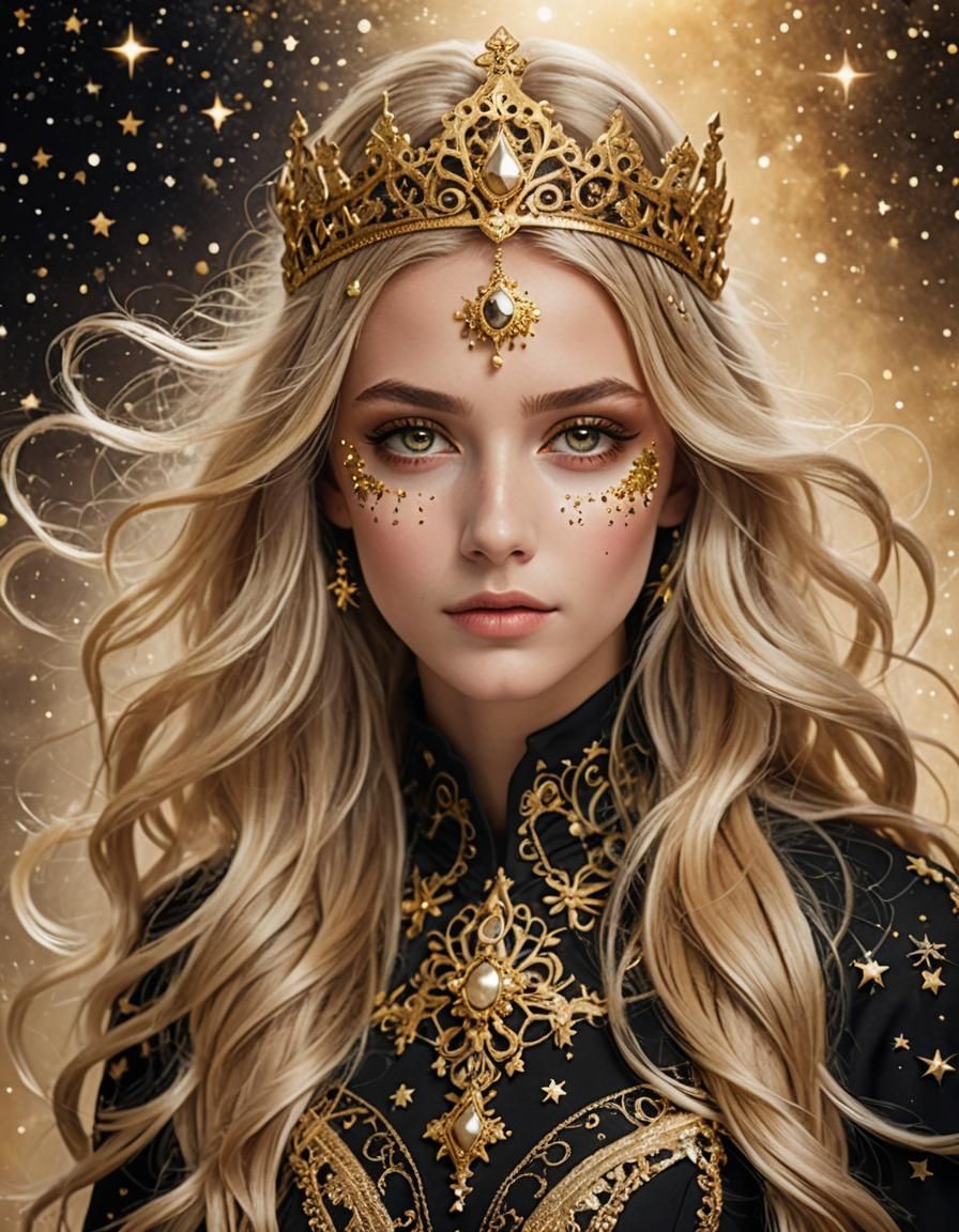 Desert Princess with Golden Mask Under Starry Sky