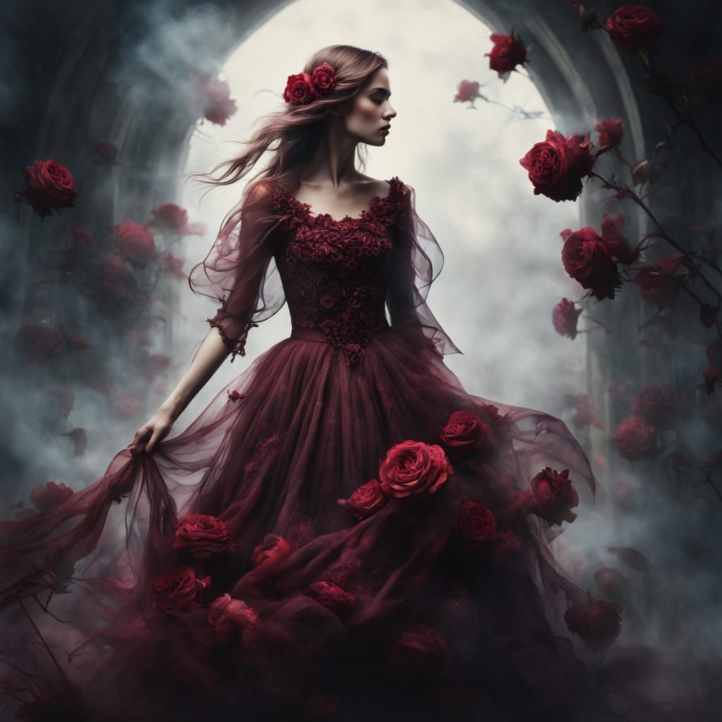 Whimsical and elegant women's dress poem, made of burgundy r...