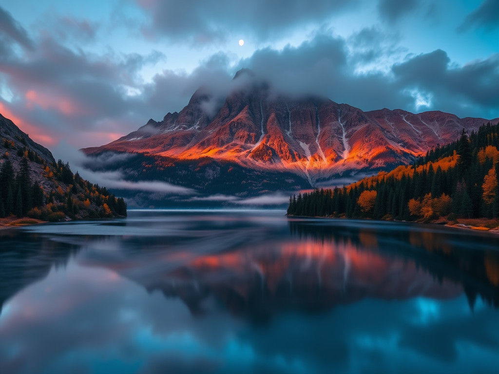 Misty Mountain Lake at Dawn in Autumn Colors