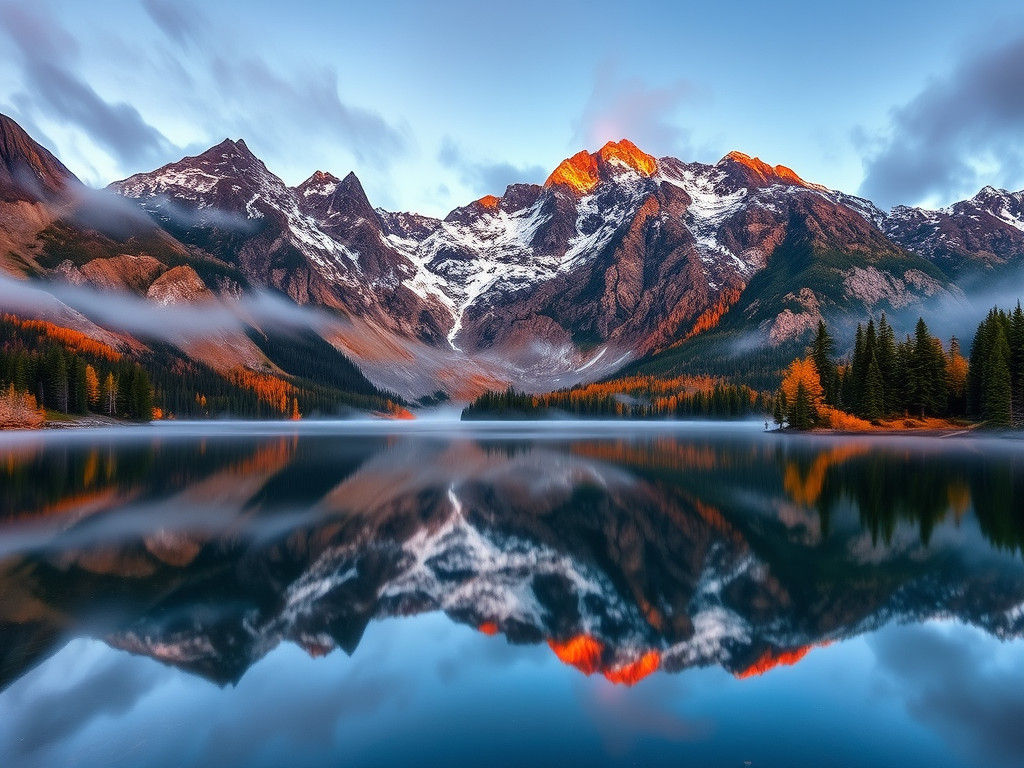 Autumn Mountain Lake at Dawn in Magic Light