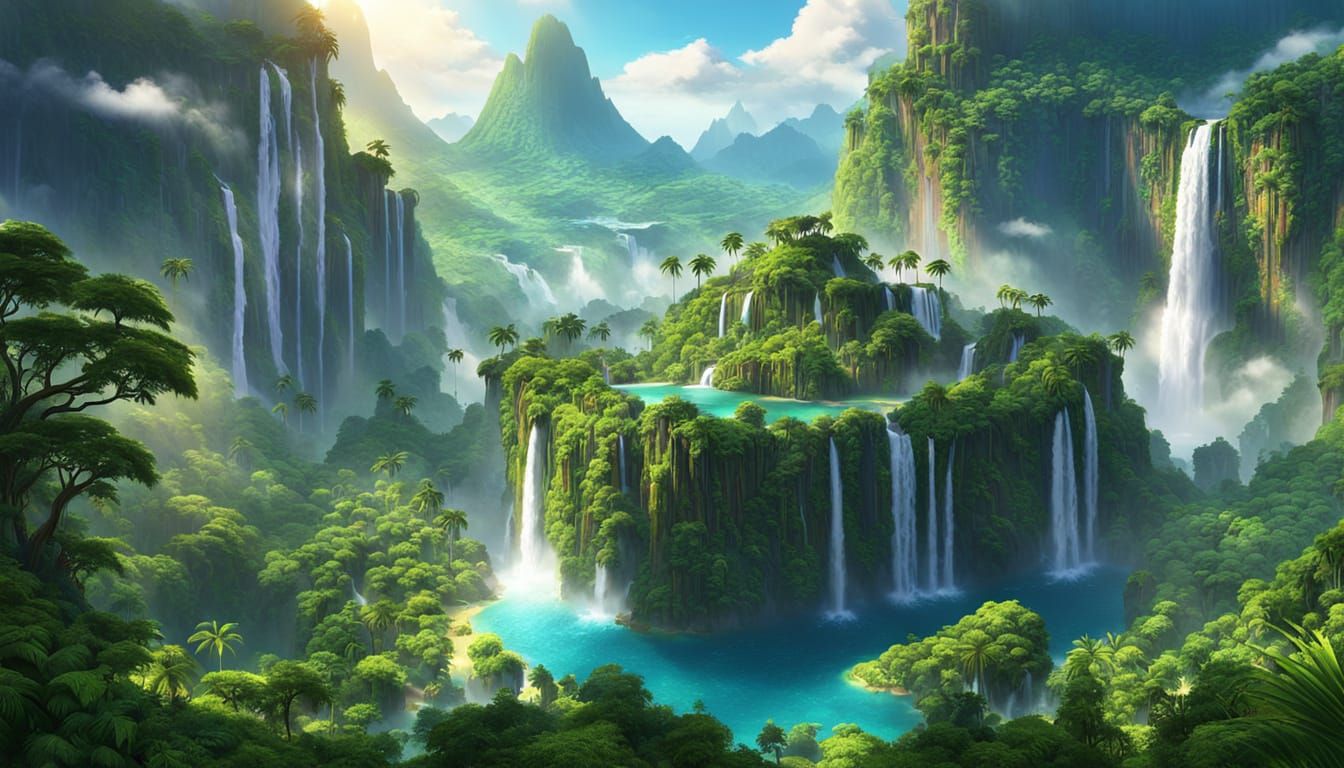 Floating Tropical Island Amidst Mountains in Vibrant Concept...