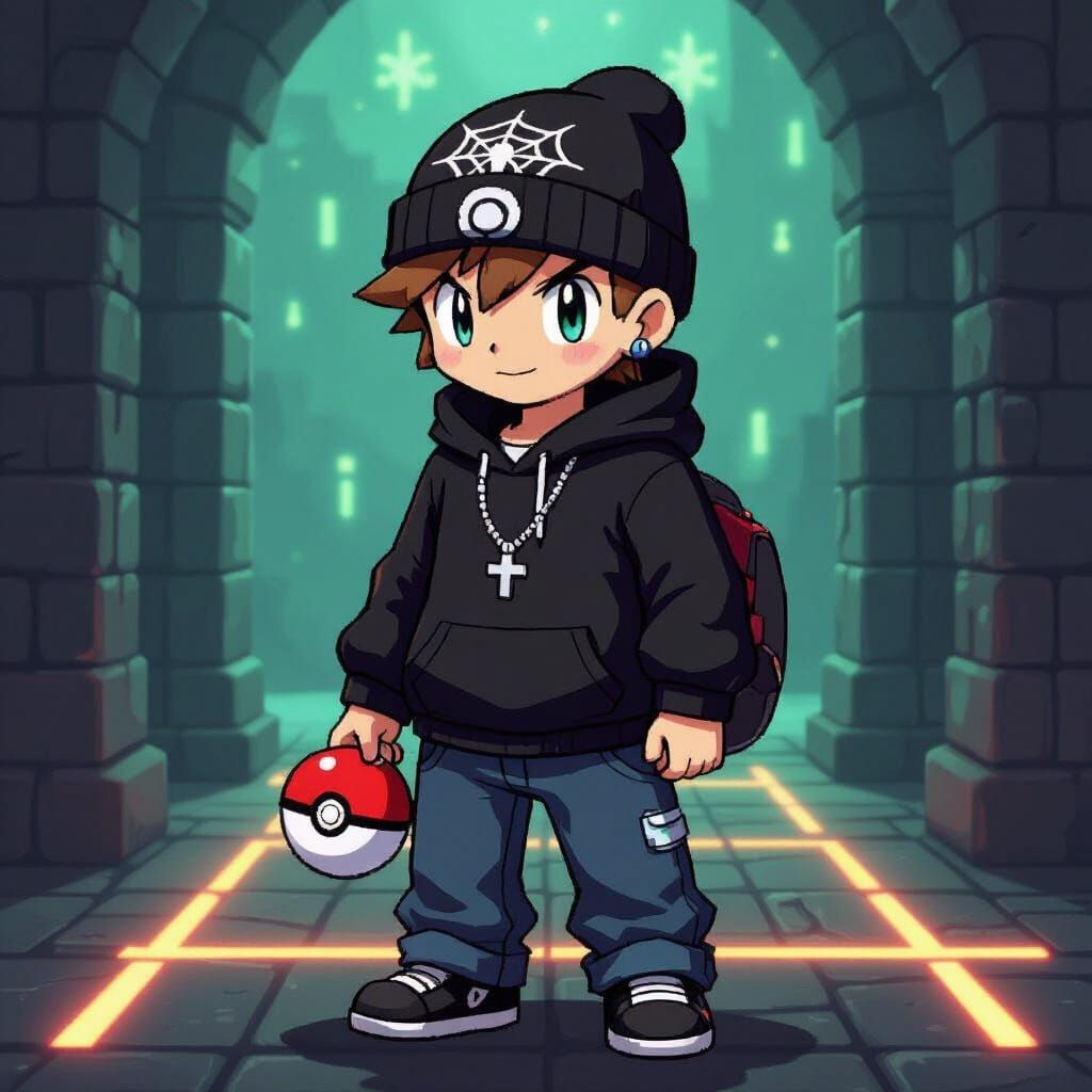 Pixel Art Dark-Type Pokémon Trainer in Gym