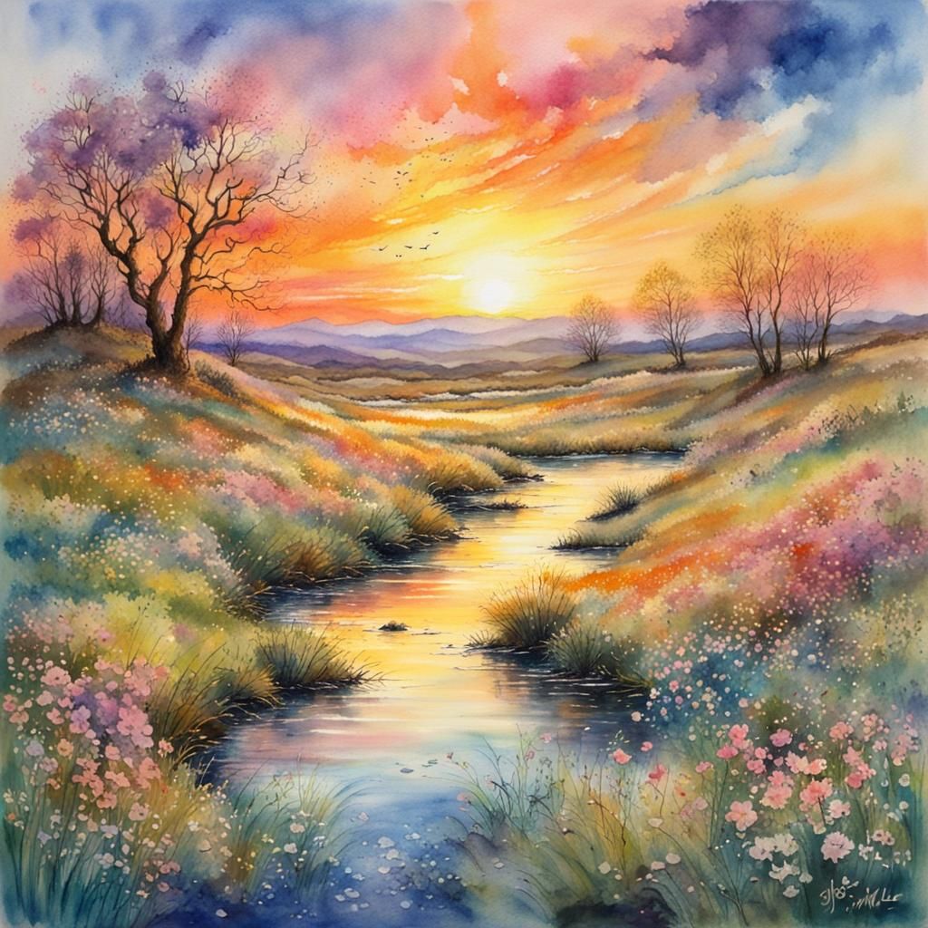Spring Sunset Watercolour Landscape in Pastel Colors