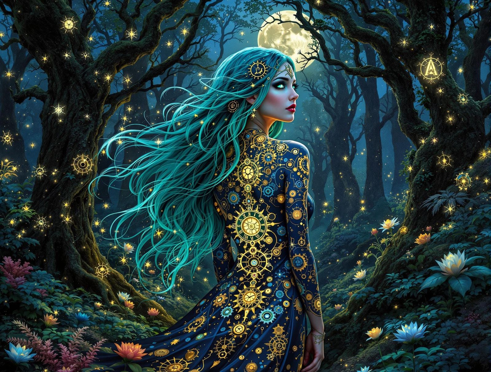 Art Nouveau Oracle in Moonlit Clockwork Forest
