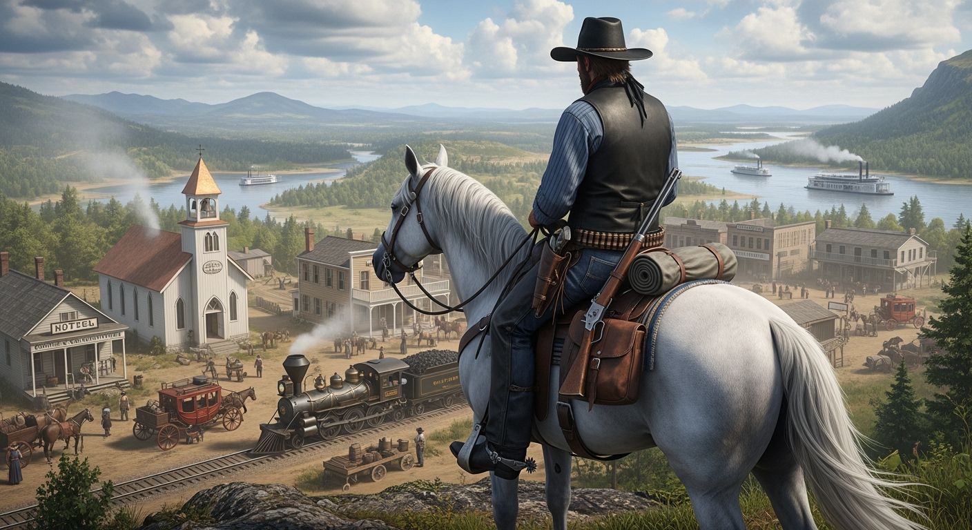 Photorealistic Cowboy on Horse Overlooking Frontier City