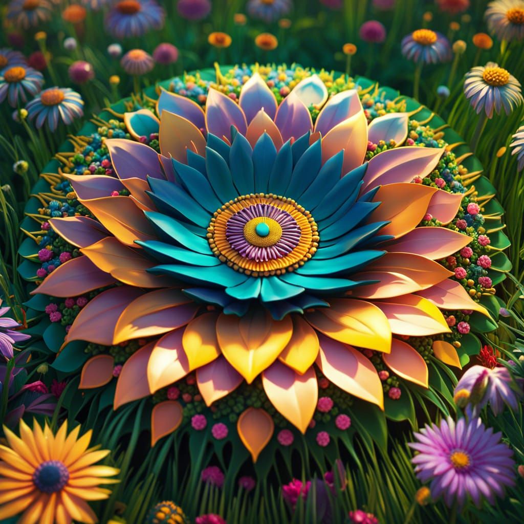 Hyperrealistic Art Deco Mandala Flower Meadow
