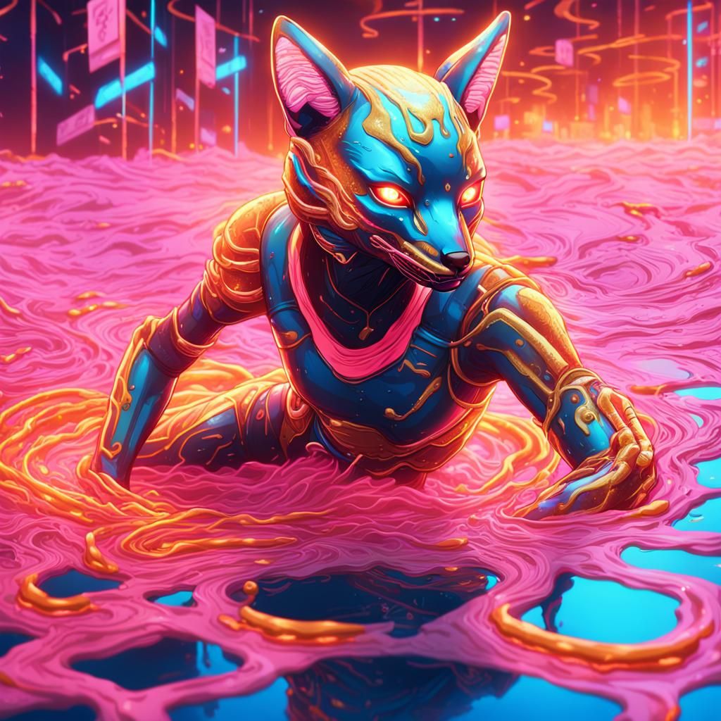 Cyberpunk Kitsune Swimmer in Neon Cheesecake Sea