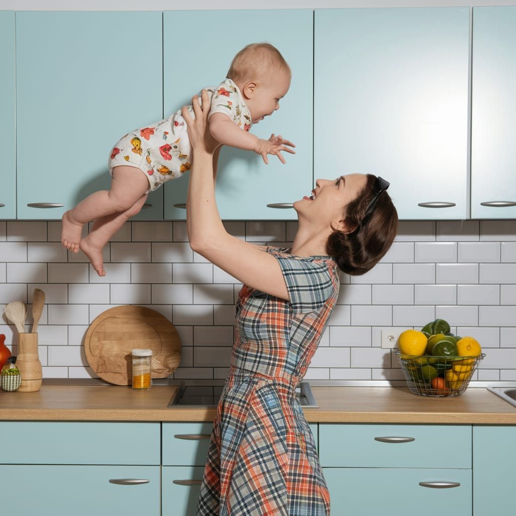 1950s Mother Tosses Baby in the Air in Vintage Kitchen