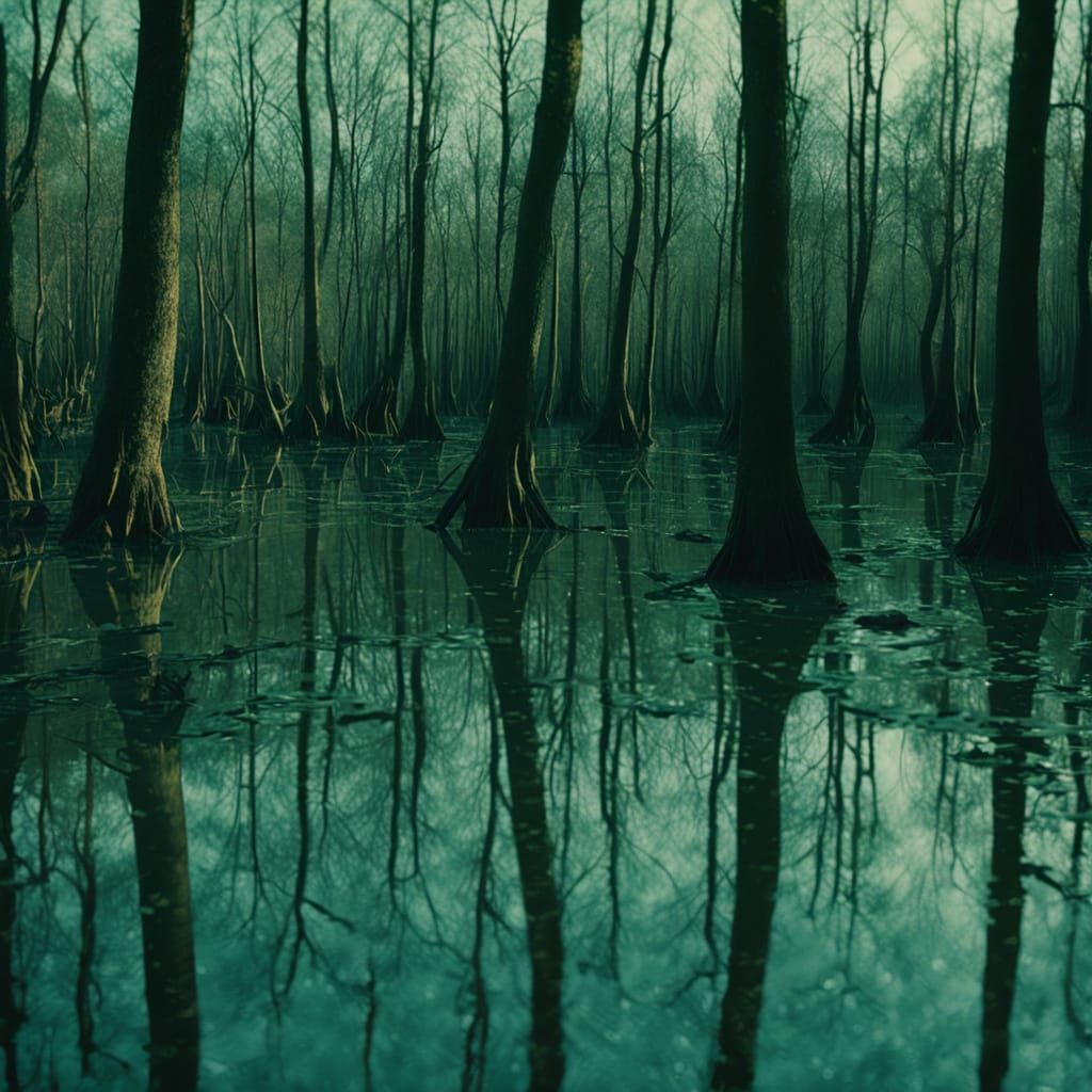 Trees in Muddy Swamp Water: Cinematic Film Still