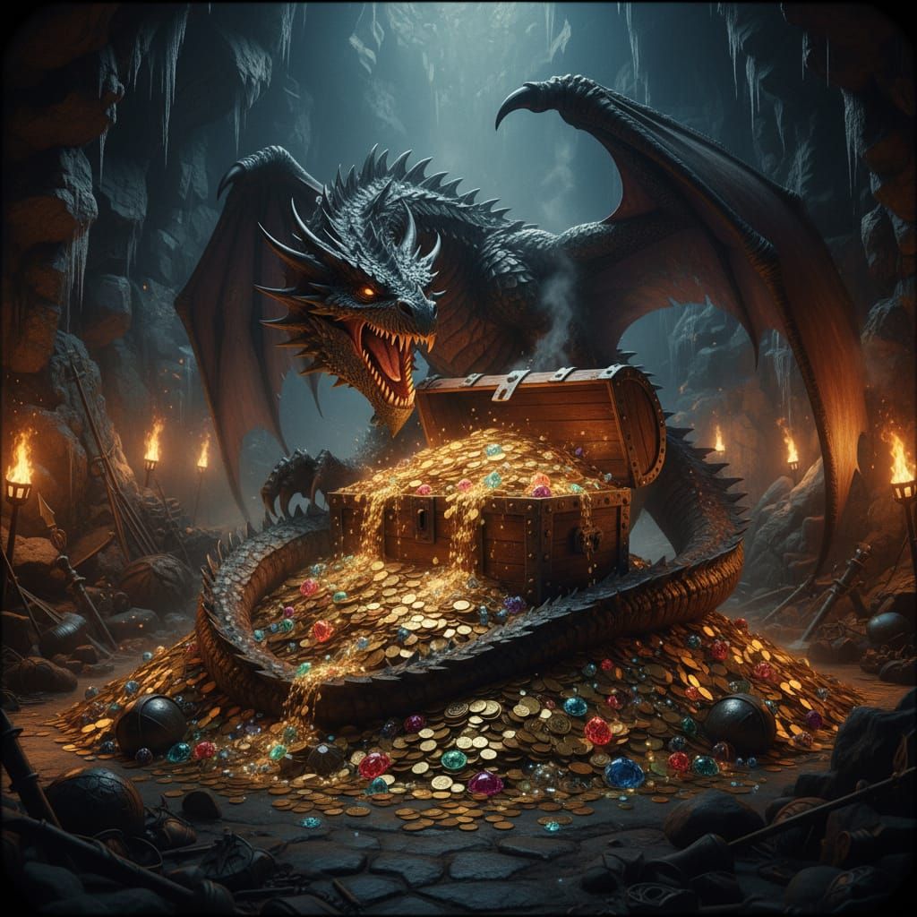 Dragon Guards Treasure Chest Overflowing with Gold