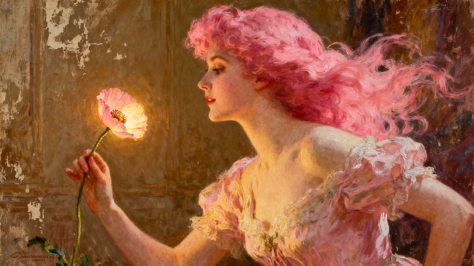 Victorian Lady with Pink Hair Holds Luminous Poppy