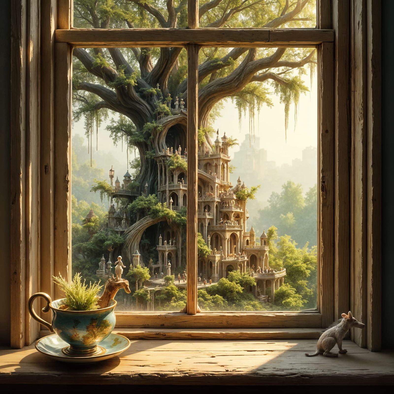 Teacup Overlooking Miniature City in Ancient Tree