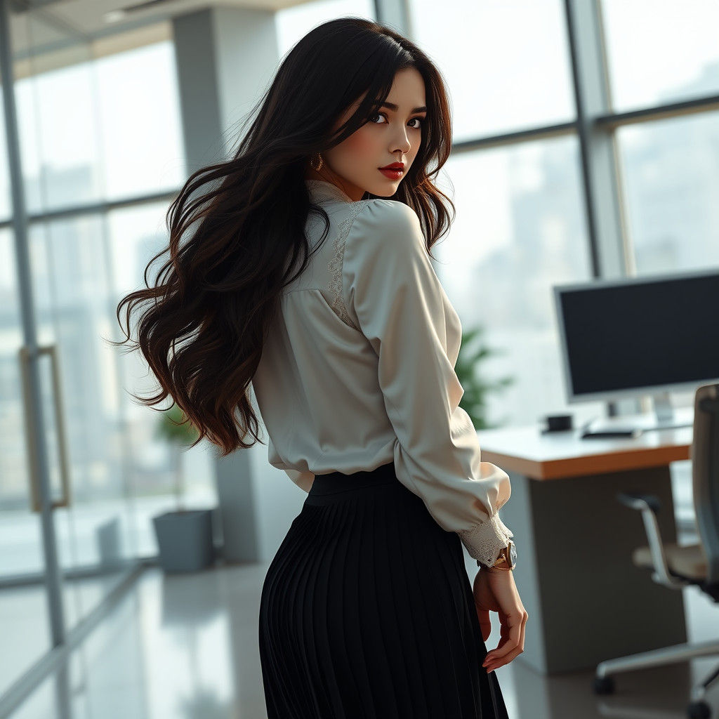 Brunette Woman Glances Back in Modern Office, Matte Painting