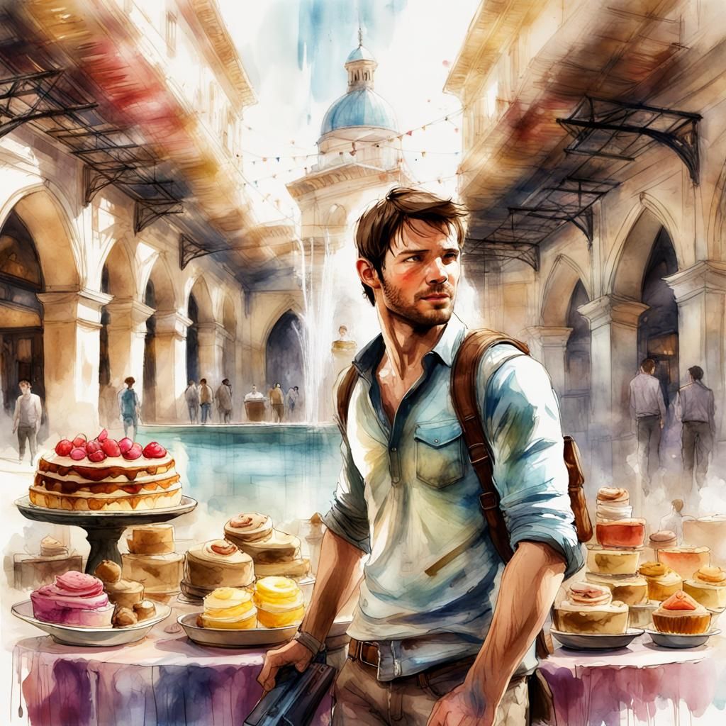 Nathan Drake at Bazaar: Digital Watercolor Illustration