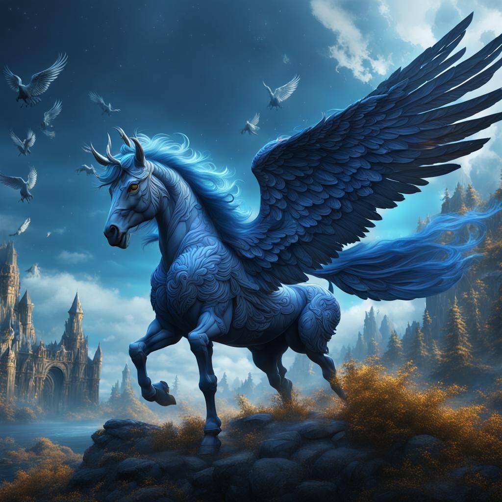 Majestic Blue Pegasus in Detailed Digital Painting