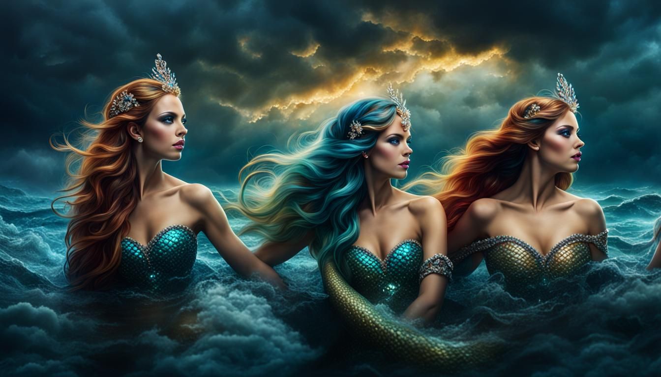Jeweled Mermaids Swimming Under Dark Fantasy Sky