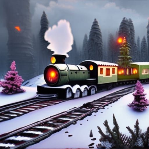 Snow Train Through Forest: Detailed Matte Painting