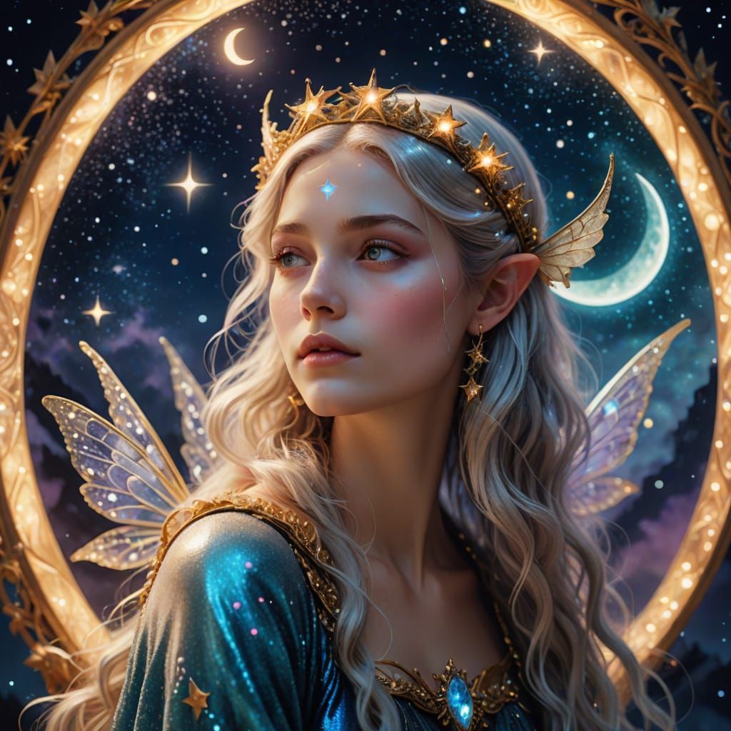 Fairy on Crescent Throne: A Surreal Dreamscape