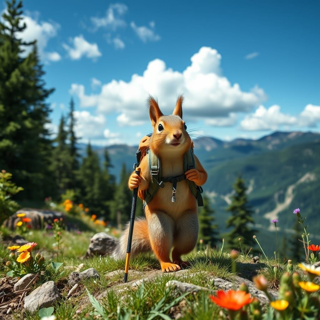 Anthropomorphic Squirrel Backpacker on Mountain Trail