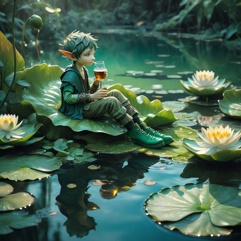 A Water Elf Boy Sips Beer on a Lily Leaf